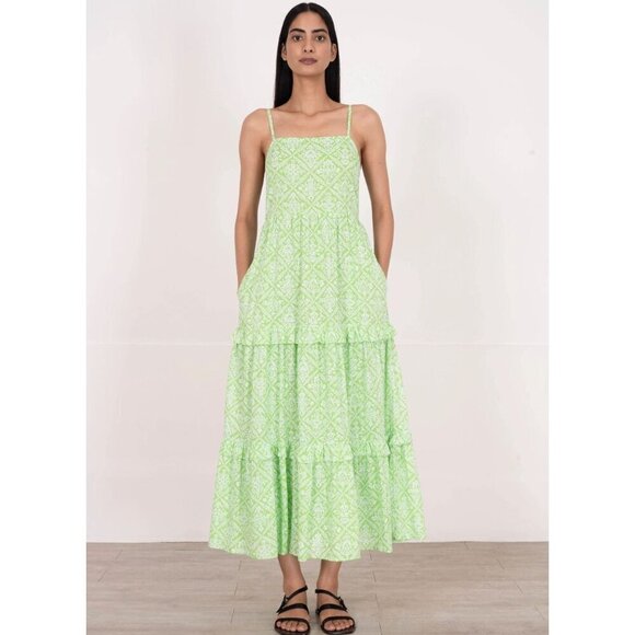 BANJANAN Hazel Tile Print Midi Dress Green Womens Size Small - Picture 1 of 8